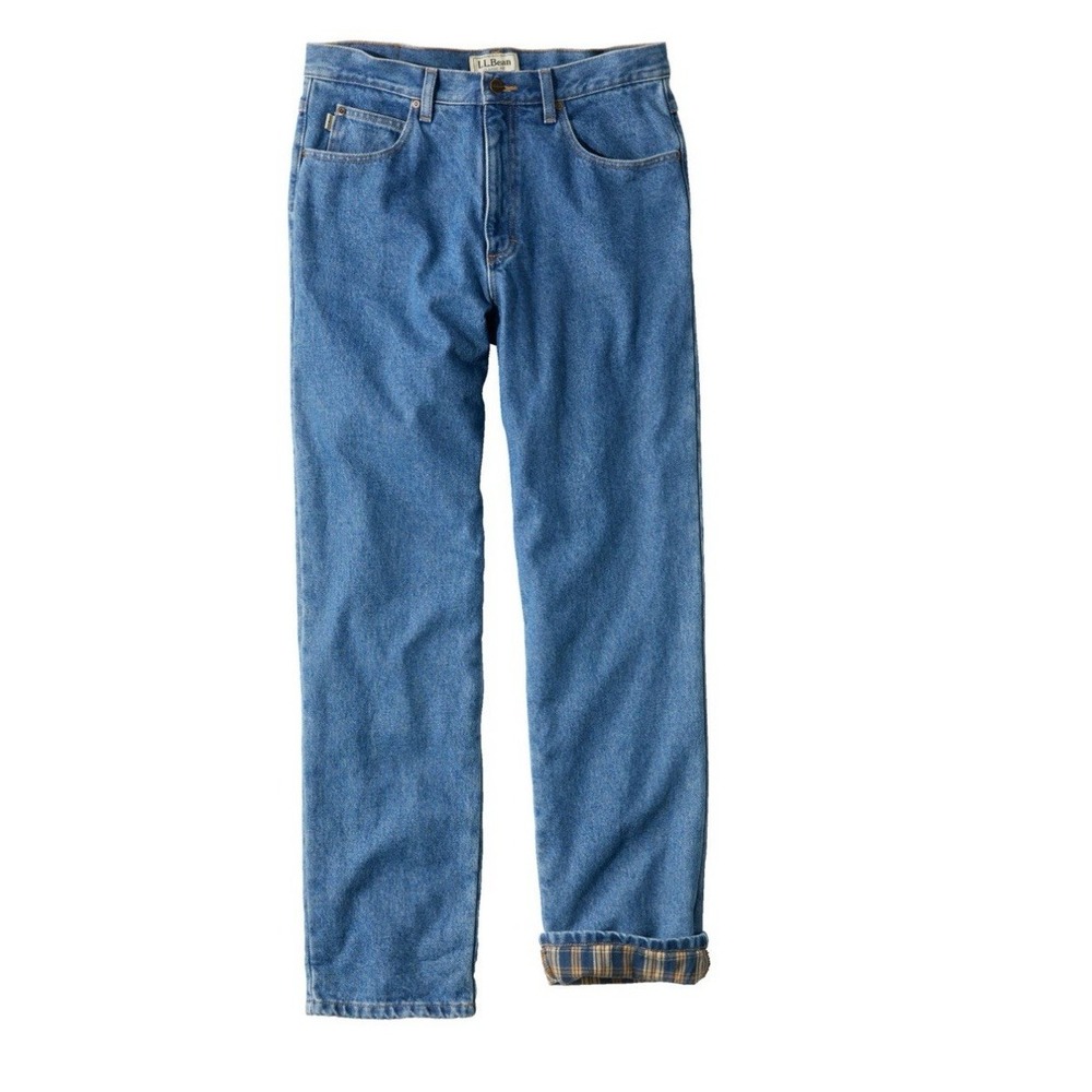 LL Bean Men's Plaid Flannel Lined Denim Jeans-36x30 Straight Leg-Classic Fit EUC
